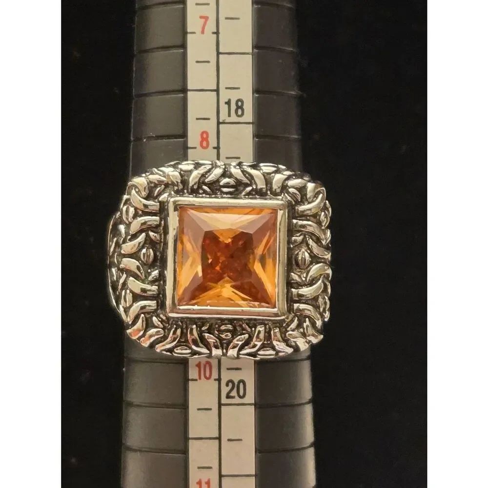 Women's Size 9 Amber Crystal CZ Silver Tone Ring